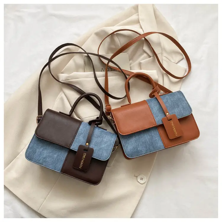 Women's 2-Piece Leather Denim Shoulder Bag Brown Blue — feature 22