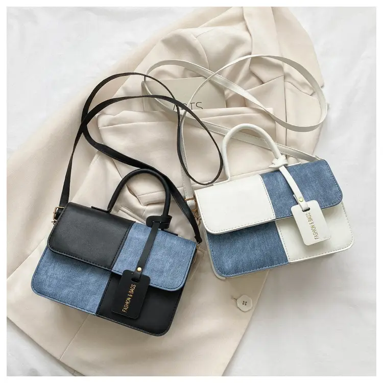 Women's 2-Piece Leather Denim Shoulder Bag Brown Blue — feature 23