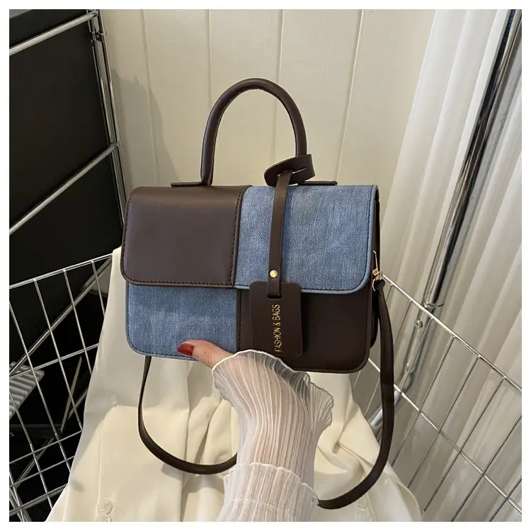 Women's 2-Piece Leather Denim Shoulder Bag Brown Blue