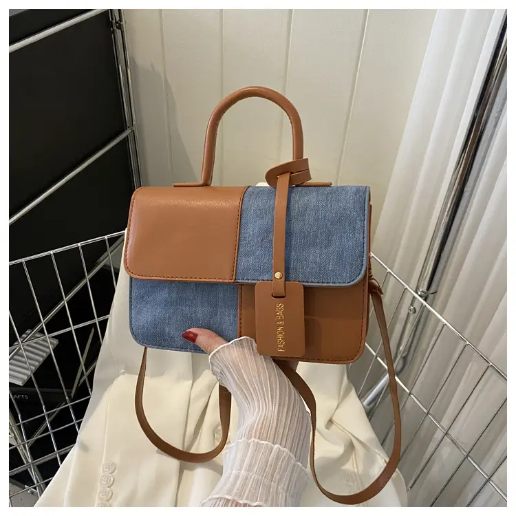 Women's 2-Piece Leather Denim Shoulder Bag Brown Blue