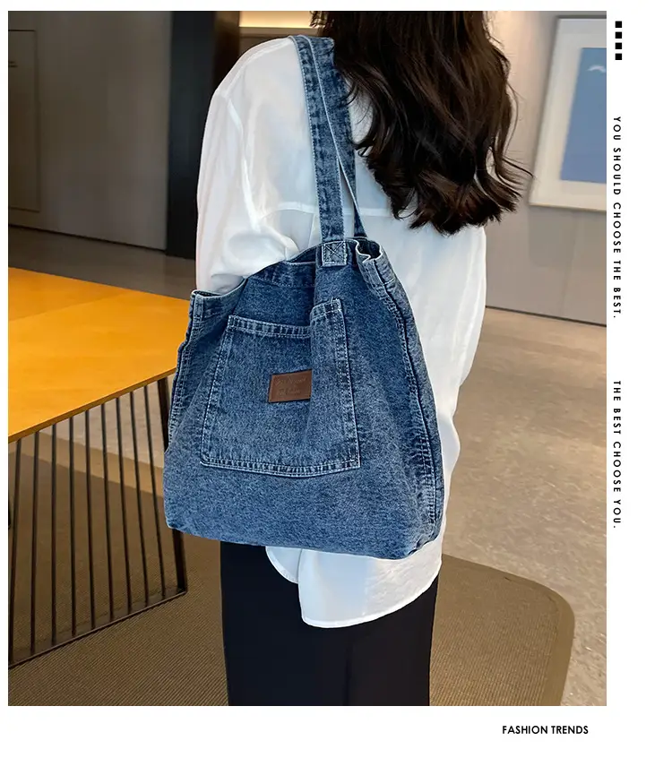Denim Canvas Tote Bag Large Capacity Washable — feature 1