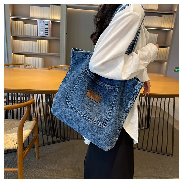 Denim Canvas Tote Bag Large Capacity Washable — feature 9