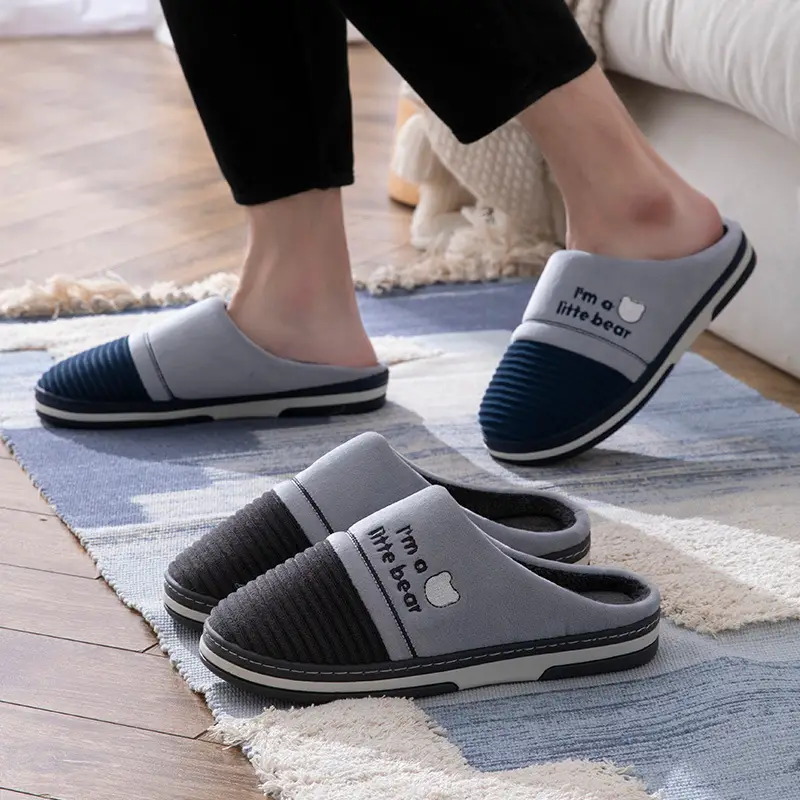 2023 new large size men's slippers winter indoor home warm non-slip wooden floor mute shit feeling cotton slippers