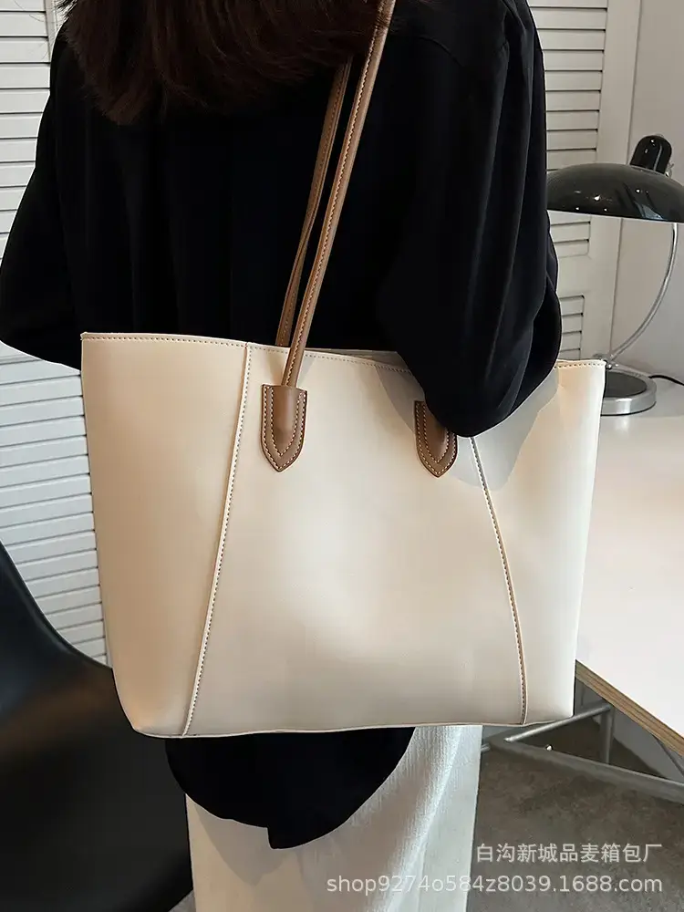 Women's Beige Leather Tote Bag Large Capacity 2023 - Image 5