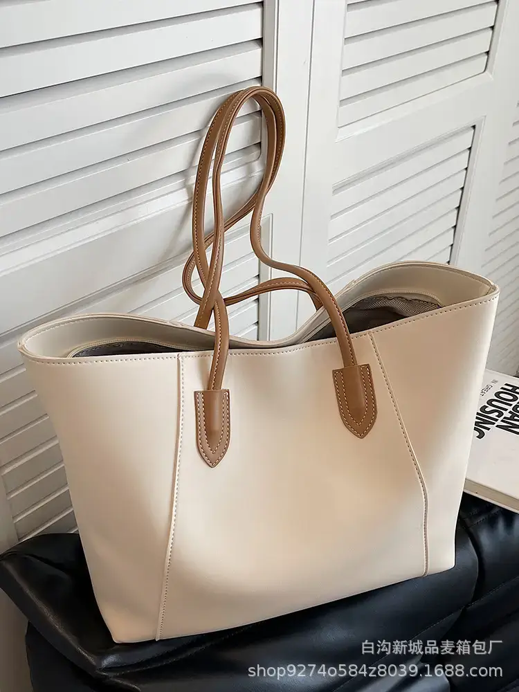 Women's Beige Leather Tote Bag Large Capacity 2023 - Image 6