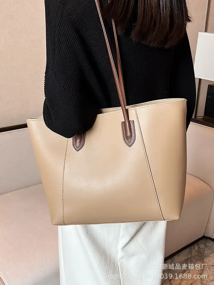 Women's Beige Leather Tote Bag Large Capacity 2023 - Image 8