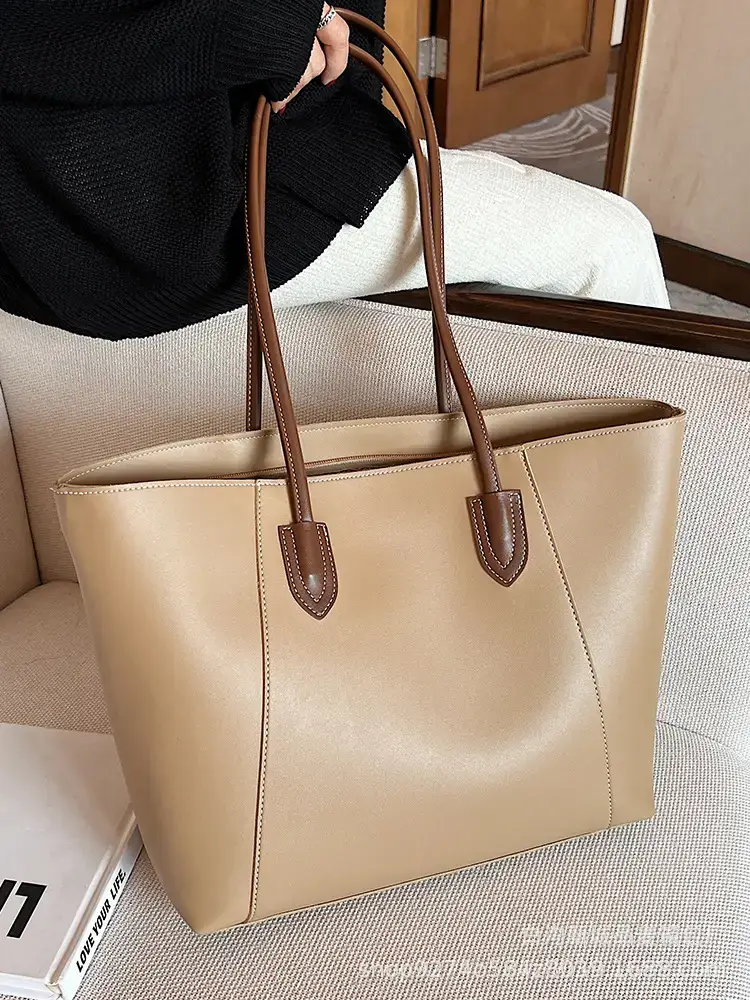 Women's Beige Leather Tote Bag Large Capacity 2023 - Image 9