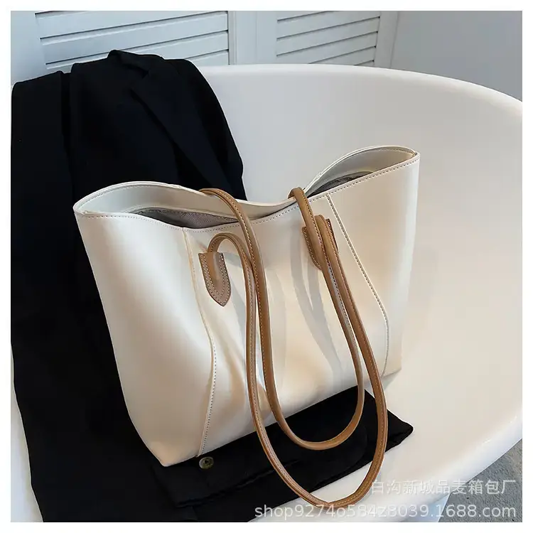 Women's Beige Leather Tote Bag Large Capacity 2023 - Image 3