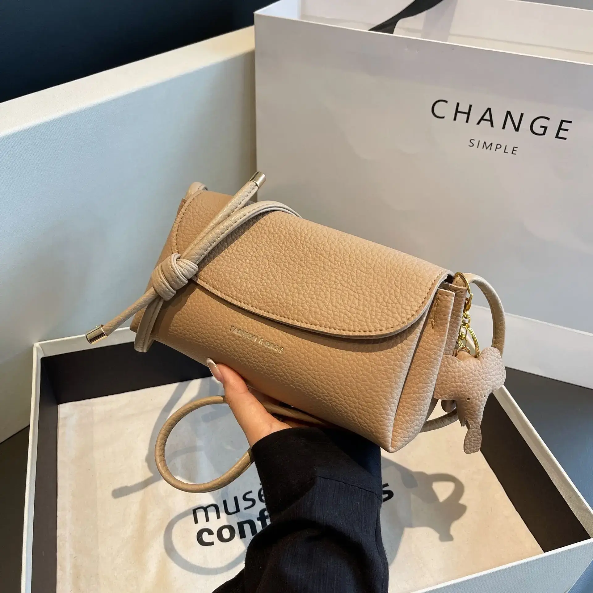 Women's Beige Crossbody Shoulder Bag with Tassel - Image 2