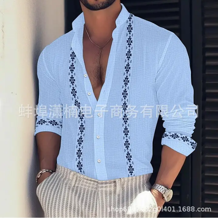 Men's Light Blue Button Collar Long Sleeve Shirt — feature 7