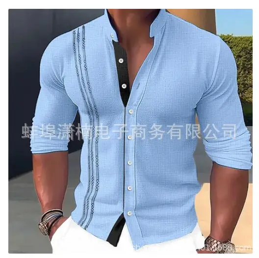 Men's Light Blue Button Collar Long Sleeve Shirt - Image 2