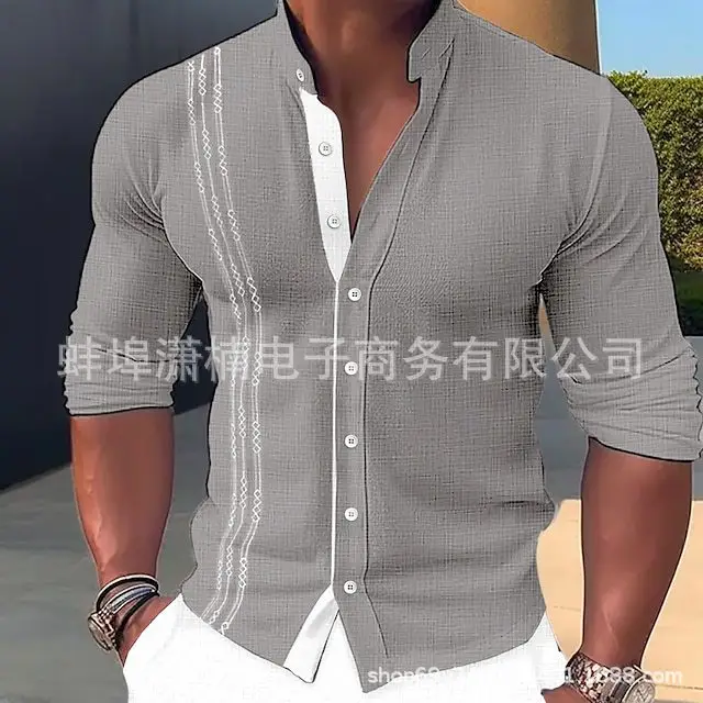 Men's Light Blue Button Collar Long Sleeve Shirt - Image 7