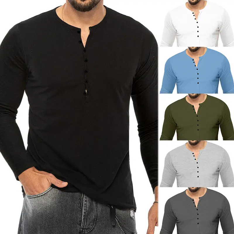 Men Grey Button V-Neck Long Sleeve T-Shirt - Image 5