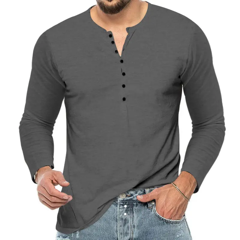 Men Grey Button V-Neck Long Sleeve T-Shirt - Image 6