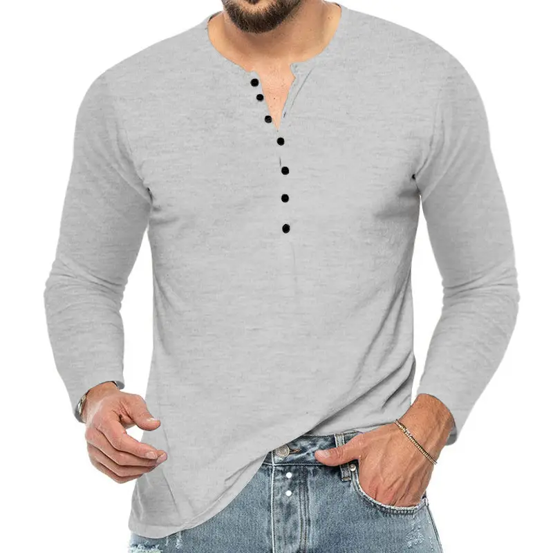 Men Grey Button V-Neck Long Sleeve T-Shirt - Image 7