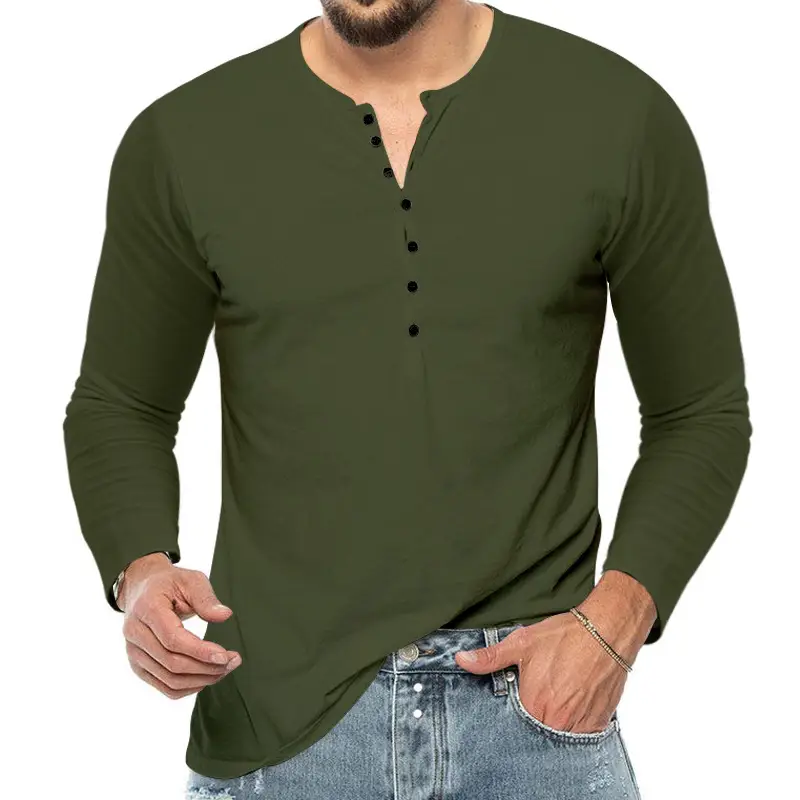 Men Grey Button V-Neck Long Sleeve T-Shirt - Image 9