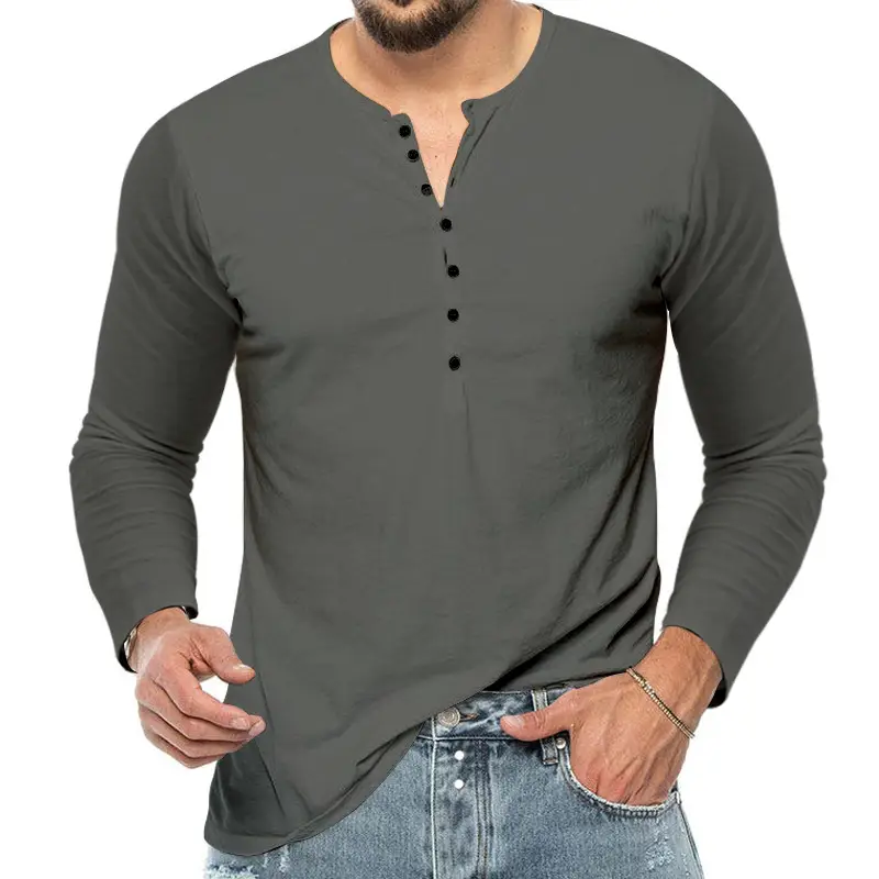 Men Grey Button V-Neck Long Sleeve T-Shirt — feature 10