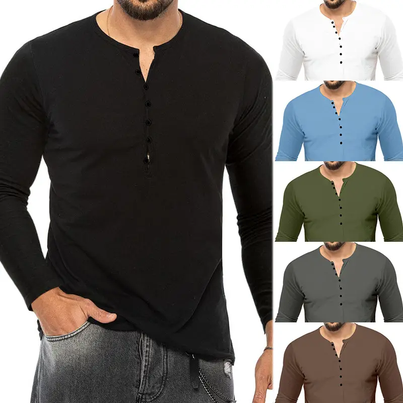Men Grey Button V-Neck Long Sleeve T-Shirt — feature 3