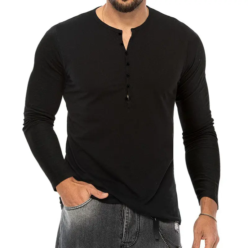 Men Grey Button V-Neck Long Sleeve T-Shirt — feature 4