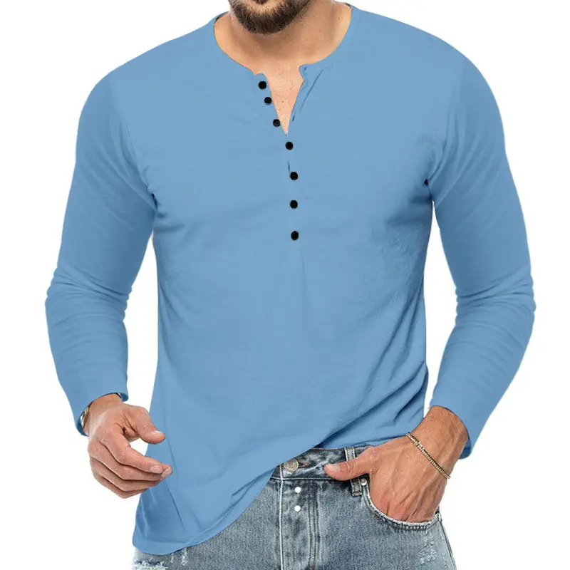 Men Grey Button V-Neck Long Sleeve T-Shirt — feature 8