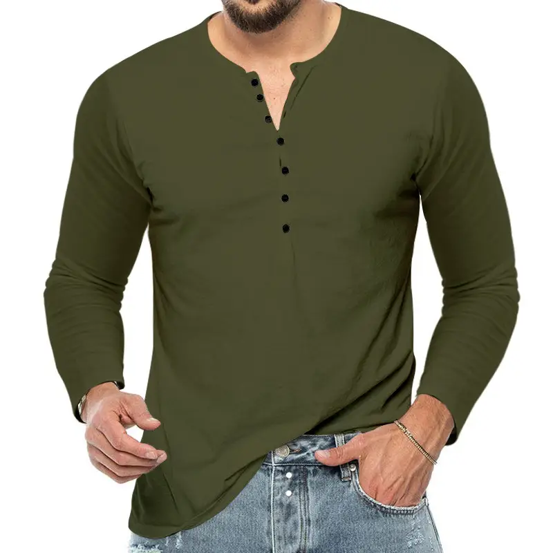 Men Grey Button V-Neck Long Sleeve T-Shirt - Image 3