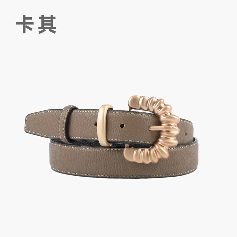 Women's Cowhide Litchi Belt焦糖色 2023 - Image 3