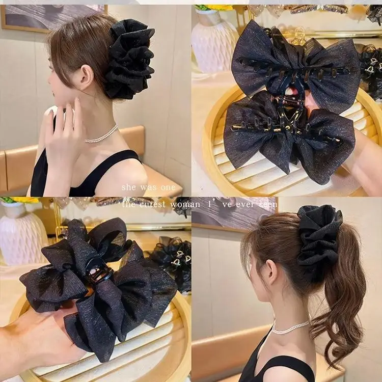 Black Feather Hair Clip Large Bow Back for Women