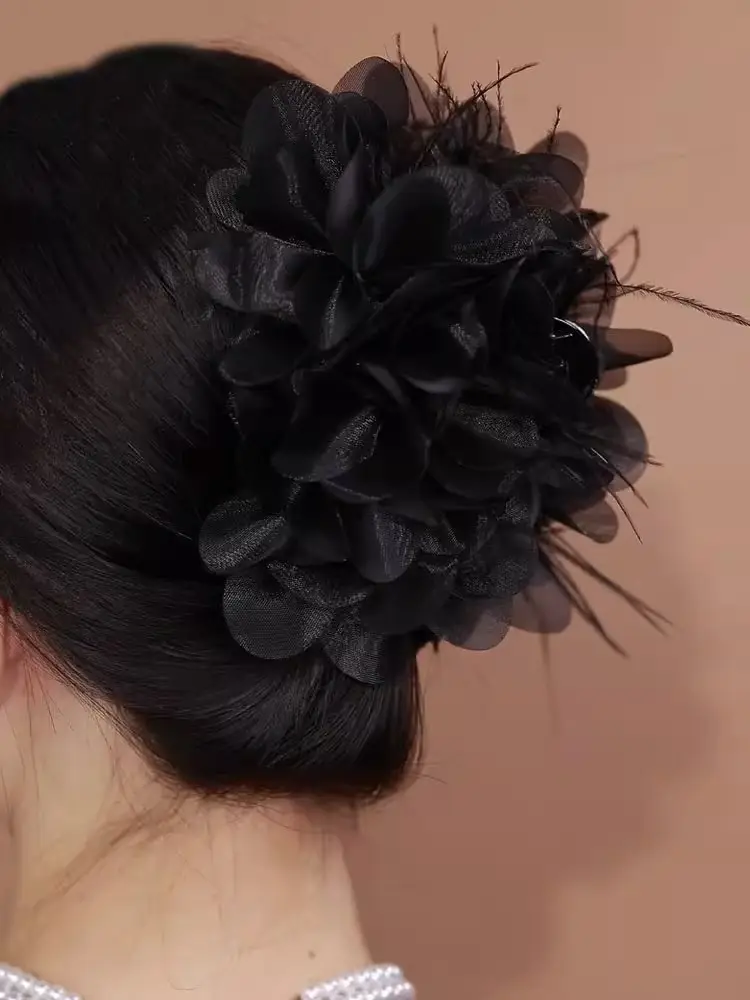 Black Feather Hair Clip Large Bow Back for Women