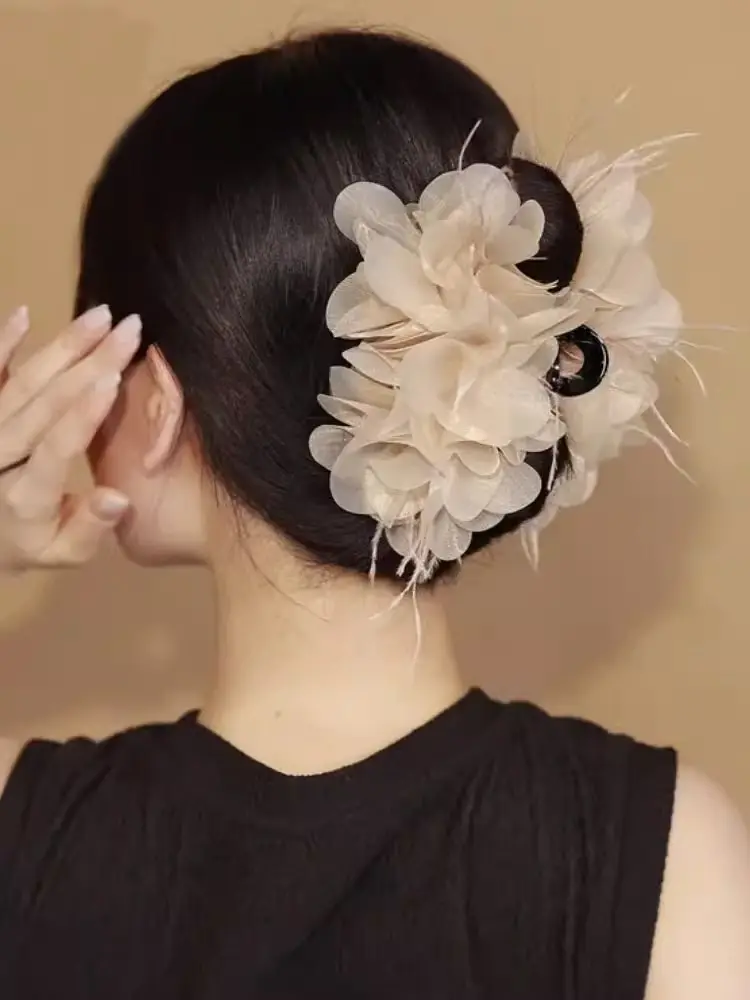 Black Feather Hair Clip Large Bow Back for Women