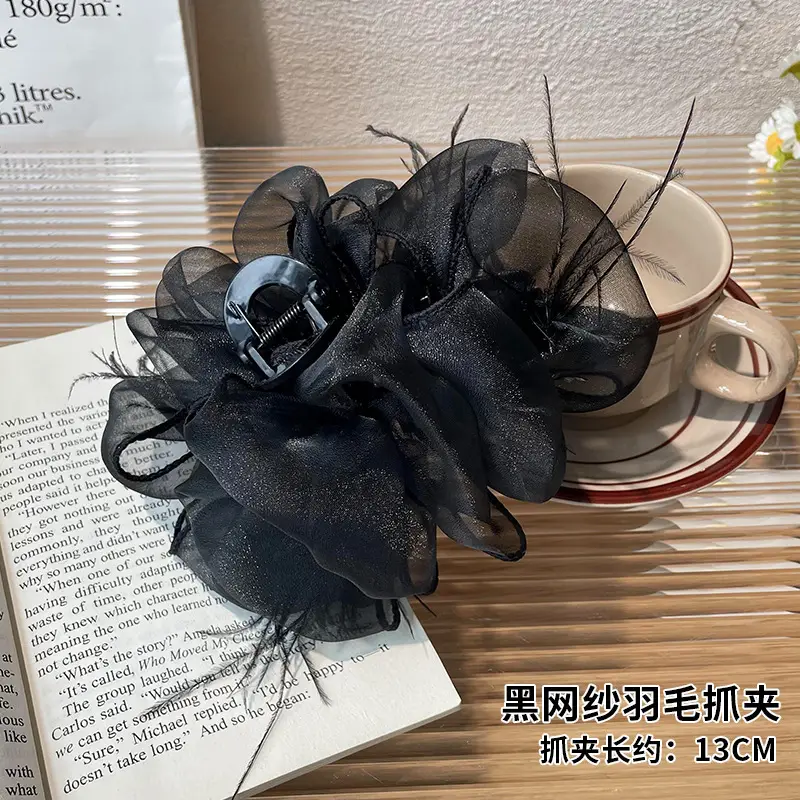Black Feather Hair Clip Large Bow Back for Women