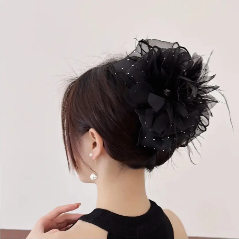 Black Feather Hair Clip Large Bow Back for Women