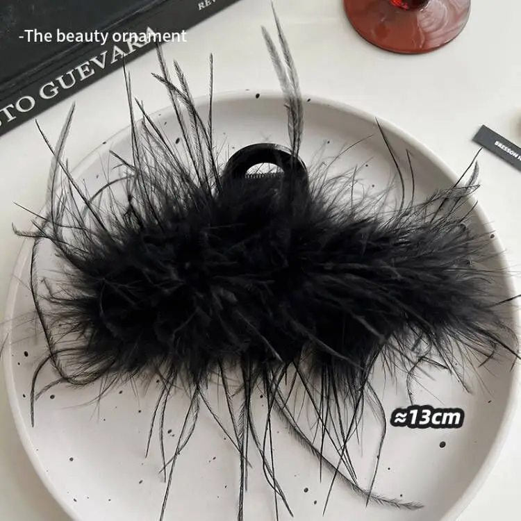 Black Feather Hair Clip Large Bow Back for Women