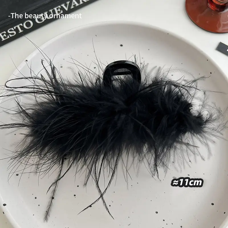 Black Feather Hair Clip Large Bow Back for Women