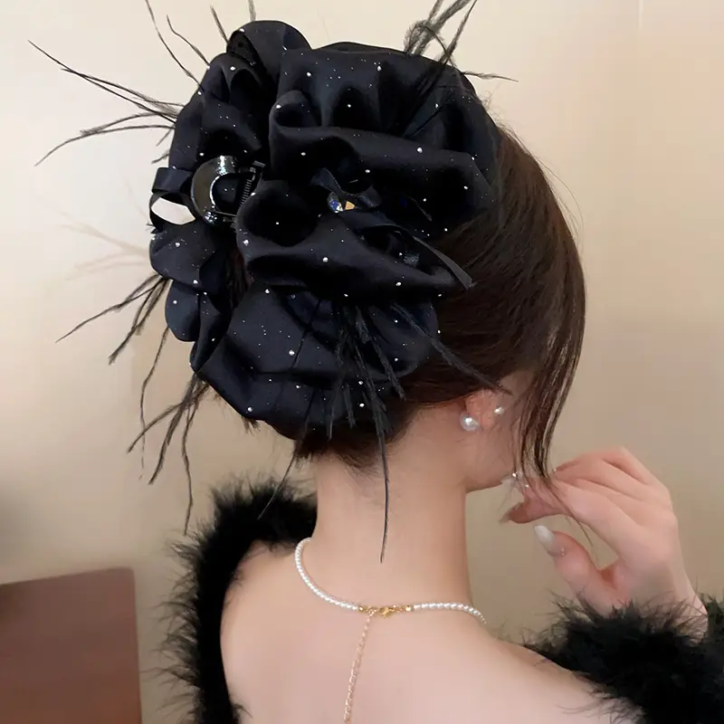 Black Feather Hair Clip Large Bow Back for Women