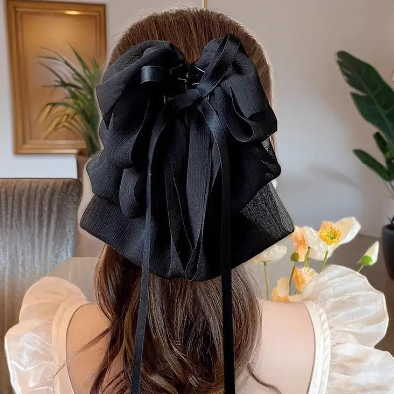 Black Feather Hair Clip Large Bow Back for Women