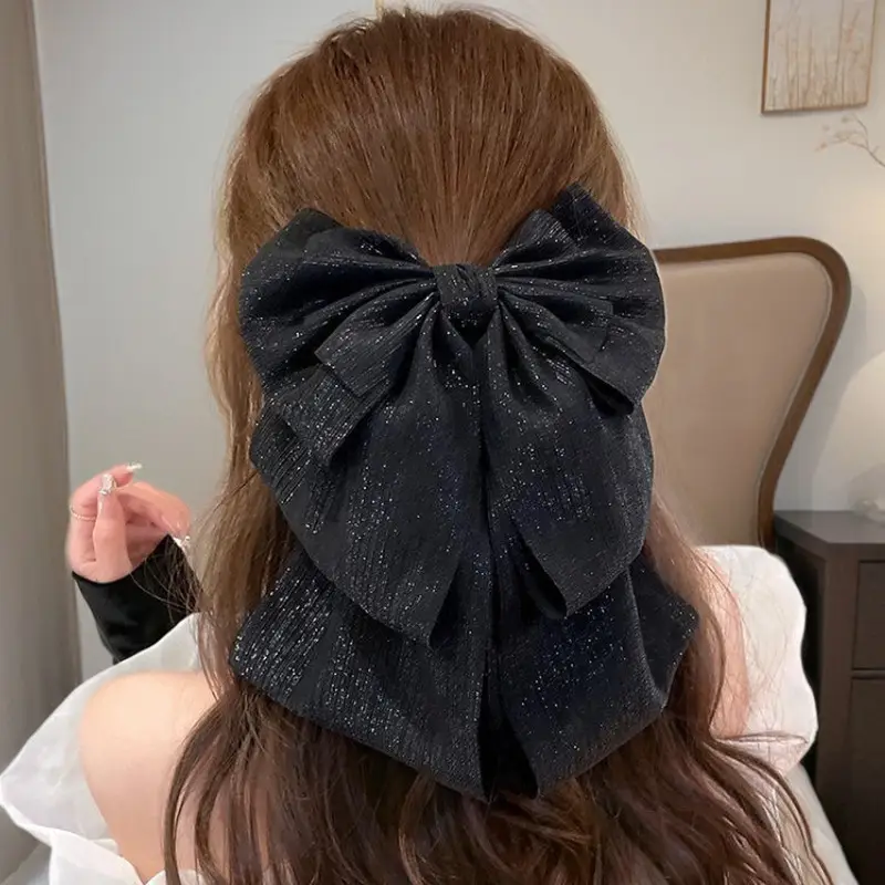 Black Feather Hair Clip Large Bow Back for Women