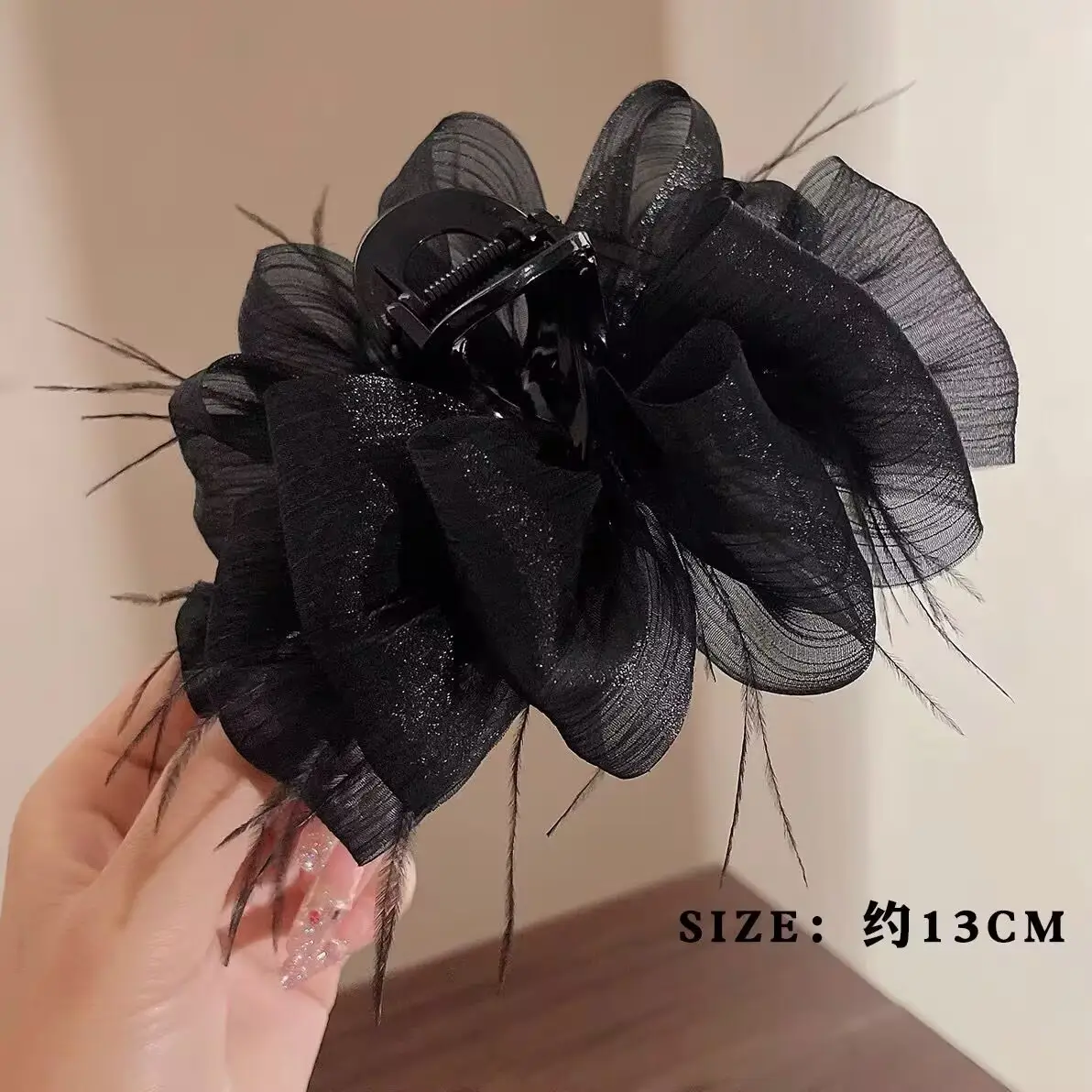 Black Feather Hair Clip Large Bow Back for Women