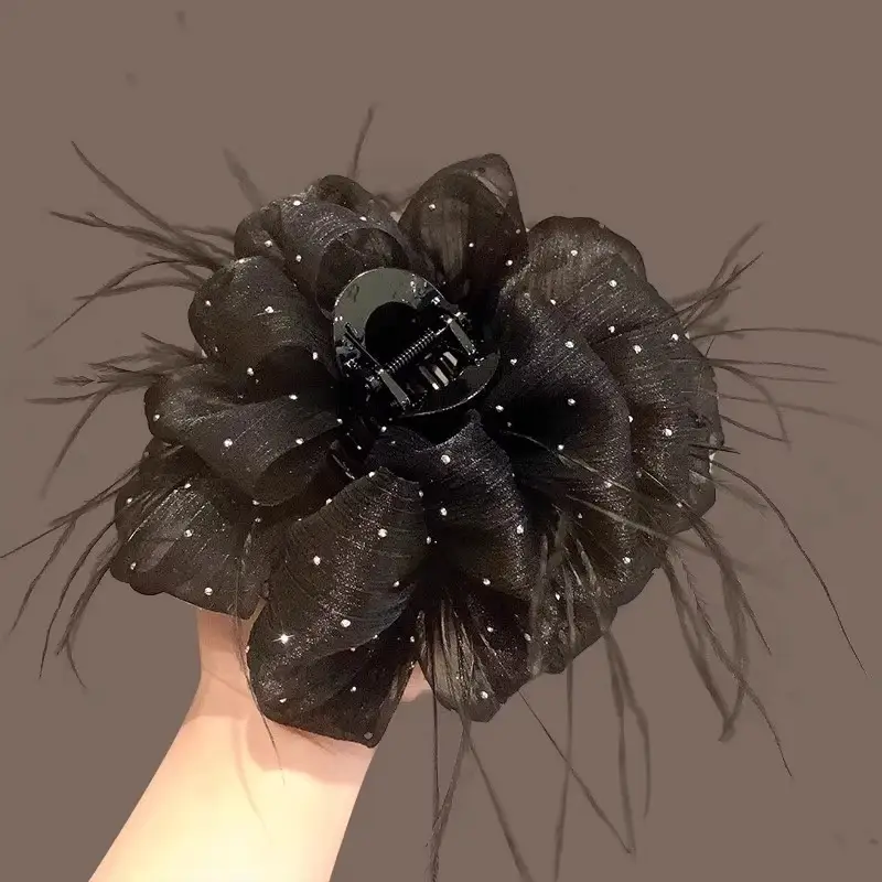 Black Feather Hair Clip Large Bow Back for Women