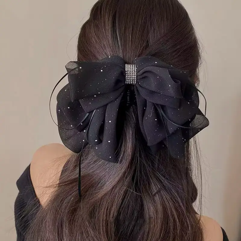 Black Feather Hair Clip Large Bow Back for Women
