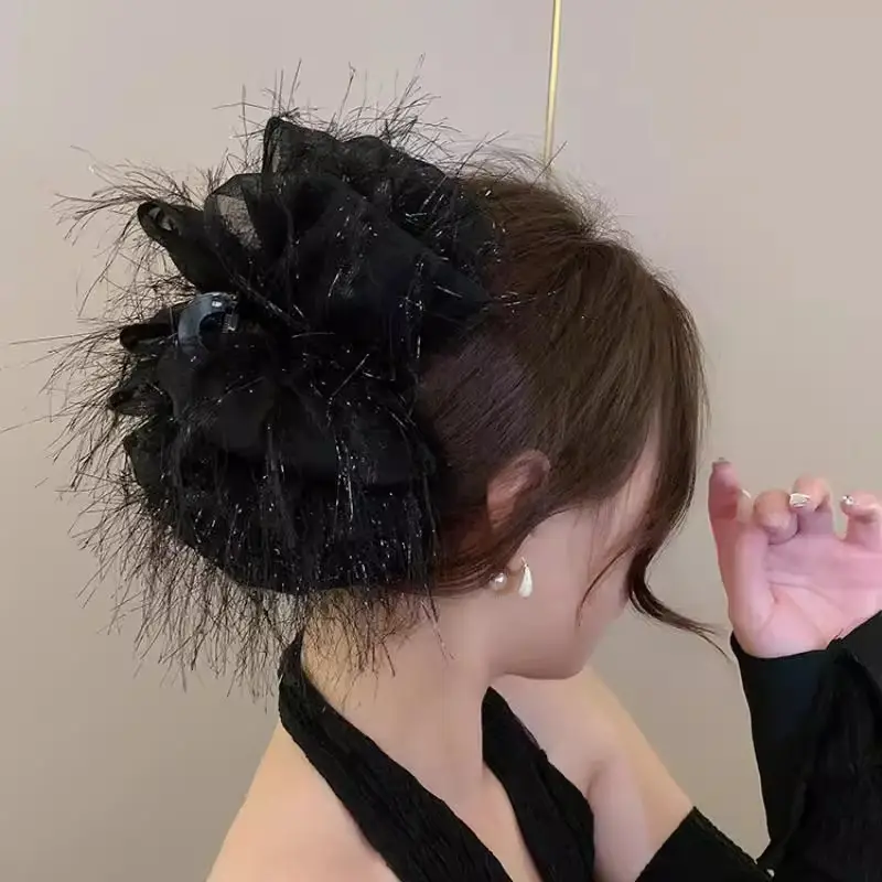 Black Feather Hair Clip Large Bow Back for Women