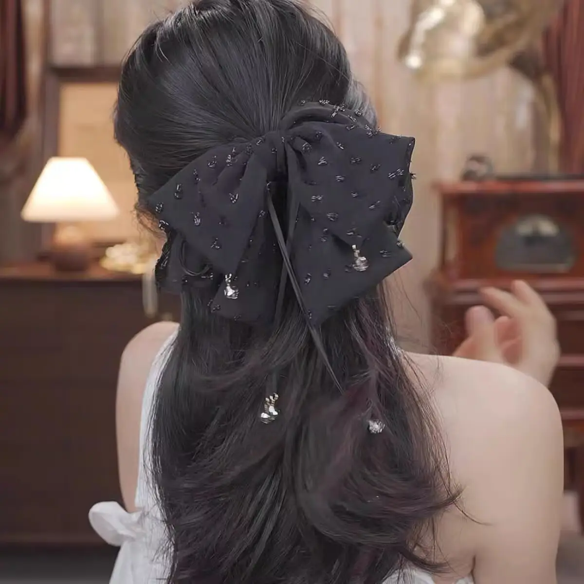 Black Feather Hair Clip Large Bow Back for Women