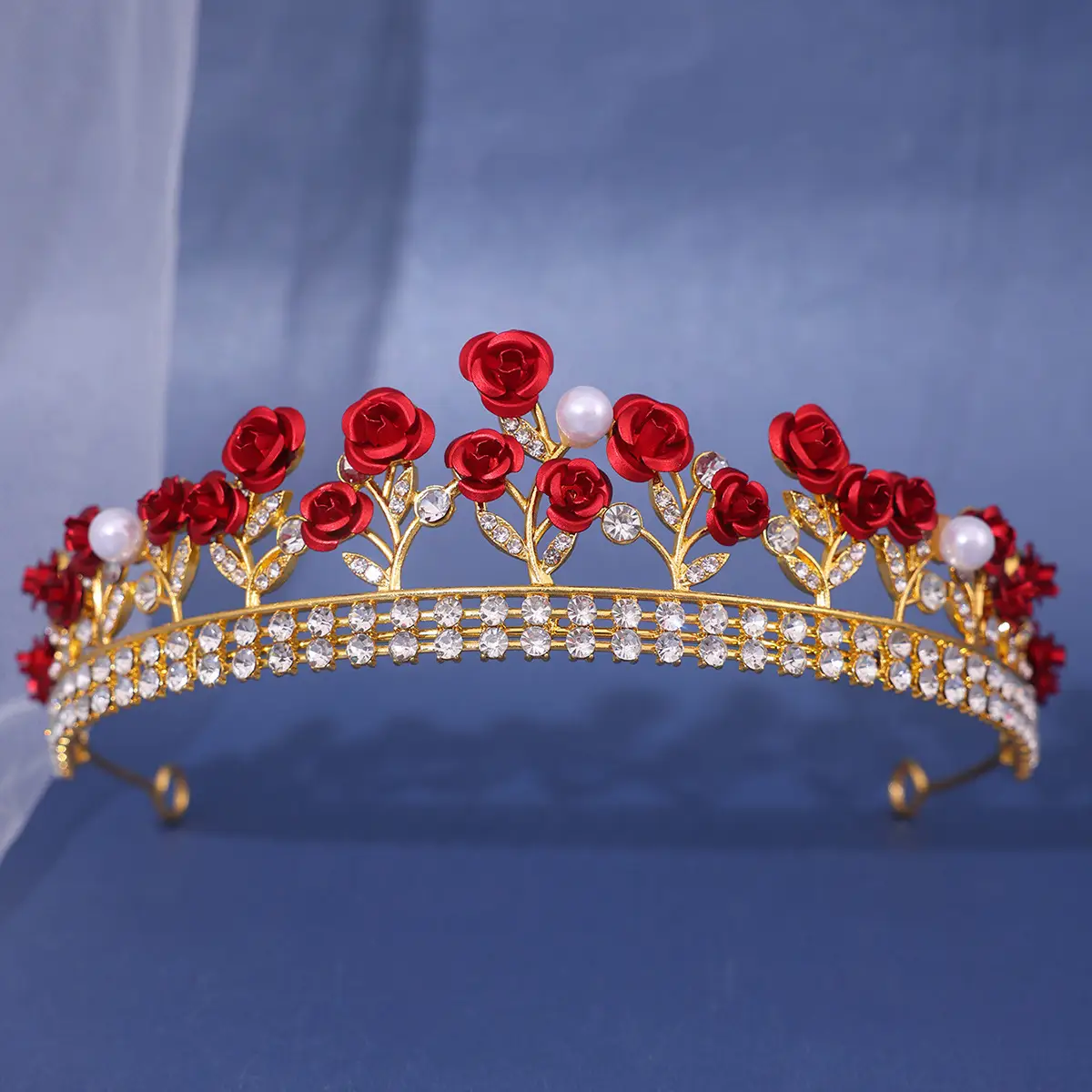 European & American Bride Ceramic Crown with Rhinestone Rose Design