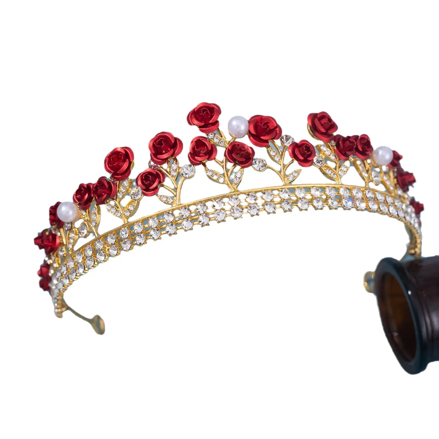 European & American Bride Ceramic Crown with Rhinestone Rose Design