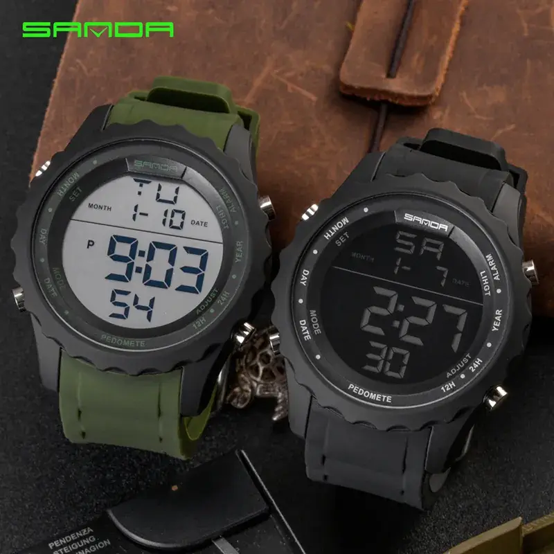Sanda Black Digital Electronic Sports Watch with Silicone Band