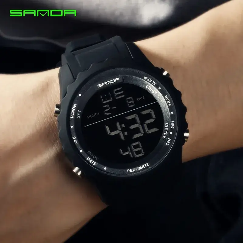 Sanda Black Digital Electronic Sports Watch with Silicone Band