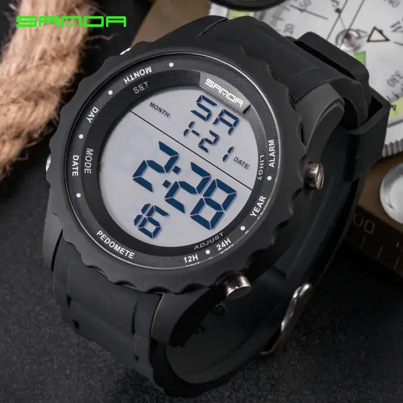 Sanda Black Digital Electronic Sports Watch with Silicone Band