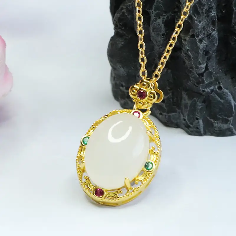 Guan Yu White Jade Pendant Necklace with Red Green Stones - Image 4