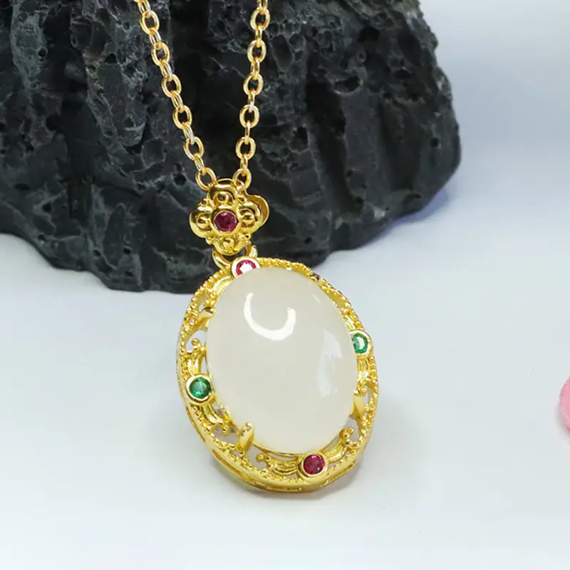 Guan Yu White Jade Pendant Necklace with Red Green Stones - Image 5