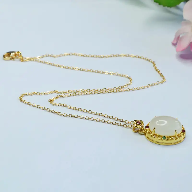 Guan Yu White Jade Pendant Necklace with Red Green Stones - Image 6