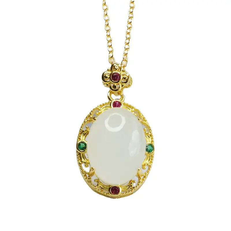 Guan Yu White Jade Pendant Necklace with Red Green Stones - Image 7